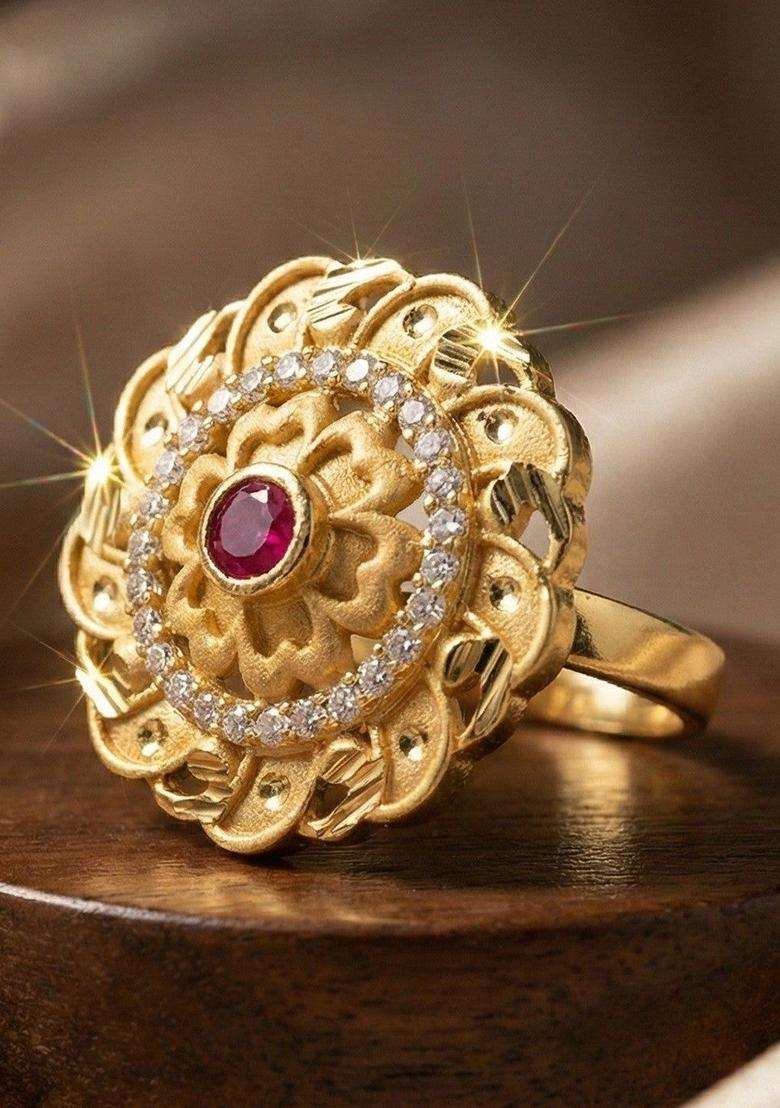 Gold-Plated Stones-Studded Finger Ring for Women | Traditional Temple Jewellery for Wedding & Festive Wear | Gift for Her - Indya