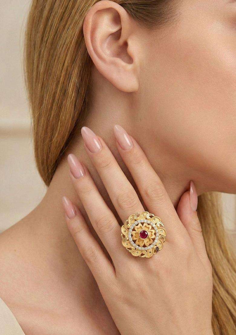 Gold-Plated Stones-Studded Finger Ring for Women | Traditional Temple Jewellery for Wedding & Festive Wear | Gift for Her - Indya