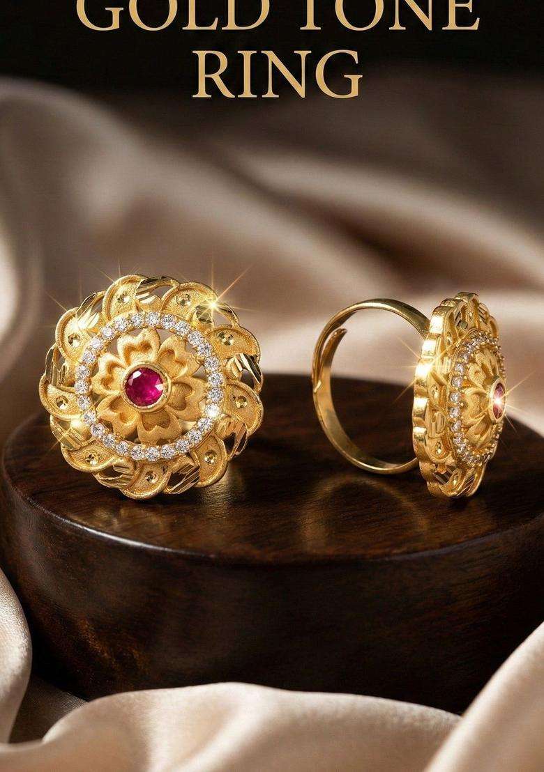 Gold-Plated Stones-Studded Finger Ring for Women | Traditional Temple Jewellery for Wedding & Festive Wear | Gift for Her - Indya