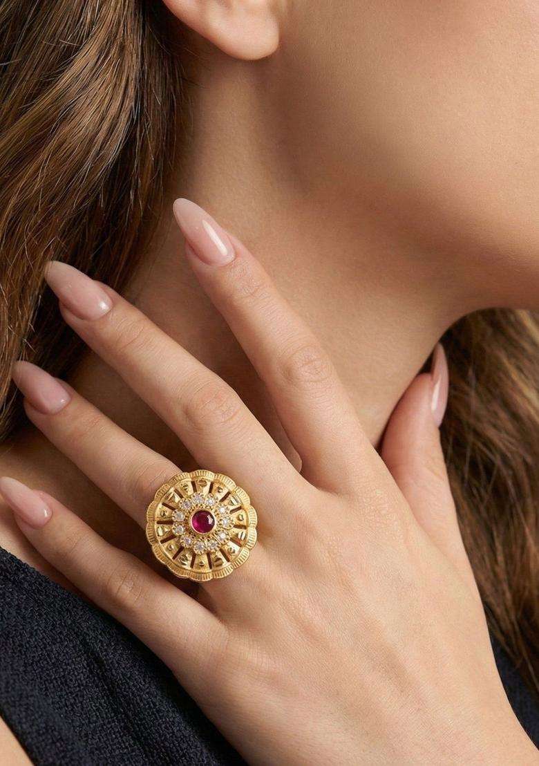 Gold-Plated Stones-Studded Finger Ring for Women | Traditional Temple Jewellery for Wedding & Festive Wear | Gift for Her - Indya