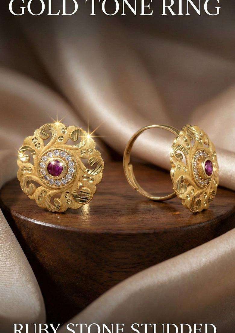 Gold-Plated Stones-Studded Finger Ring for Women | Traditional Temple Jewellery for Wedding & Festive Wear | Gift for Her - Indya