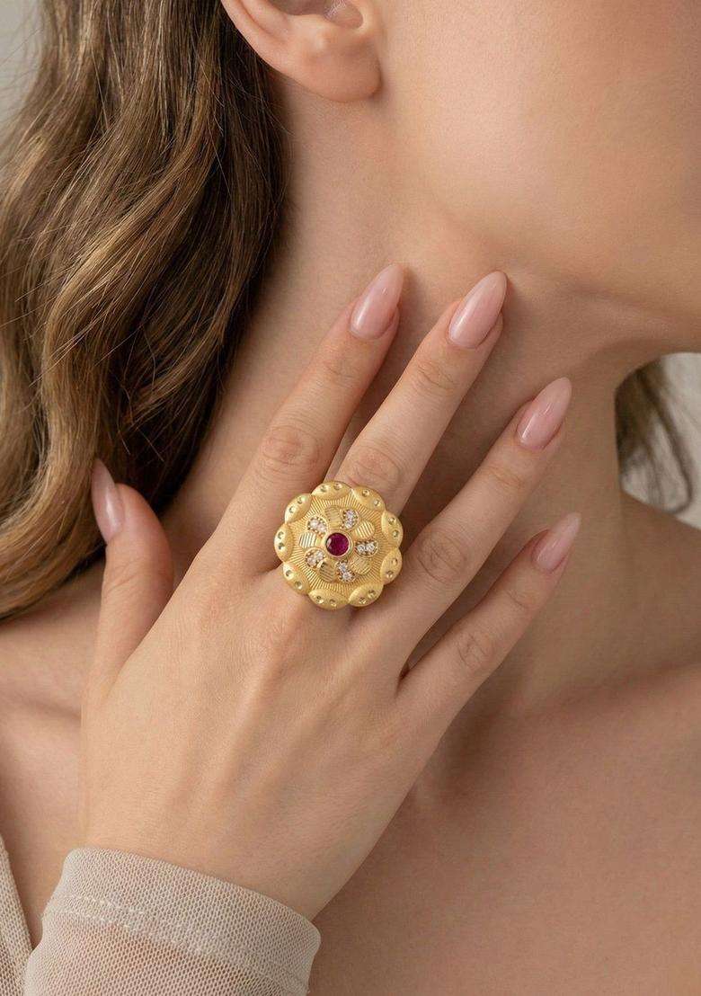 Gold-Plated Stones-Studded Finger Ring for Women | Traditional Temple Jewellery for Wedding & Festive Wear | Gift for Her - Indya
