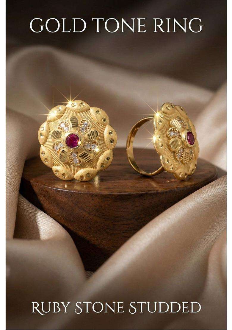 Gold-Plated Stones-Studded Finger Ring for Women | Traditional Temple Jewellery for Wedding & Festive Wear | Gift for Her - Indya