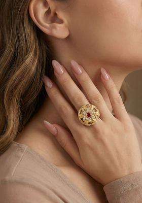 Gold-Plated Stones-Studded Finger Ring for Women | Traditional Temple Jewellery for Wedding & Festive Wear | Gift for Her