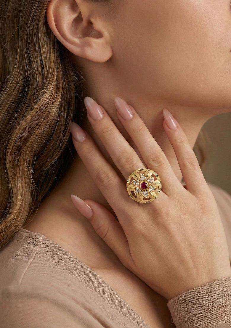 Gold-Plated Stones-Studded Finger Ring for Women | Traditional Temple Jewellery for Wedding & Festive Wear | Gift for Her - Indya