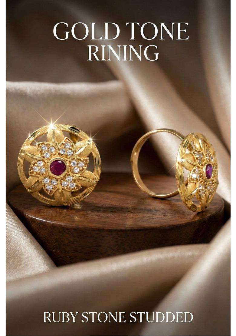 Gold-Plated Stones-Studded Finger Ring for Women | Traditional Temple Jewellery for Wedding & Festive Wear | Gift for Her - Indya