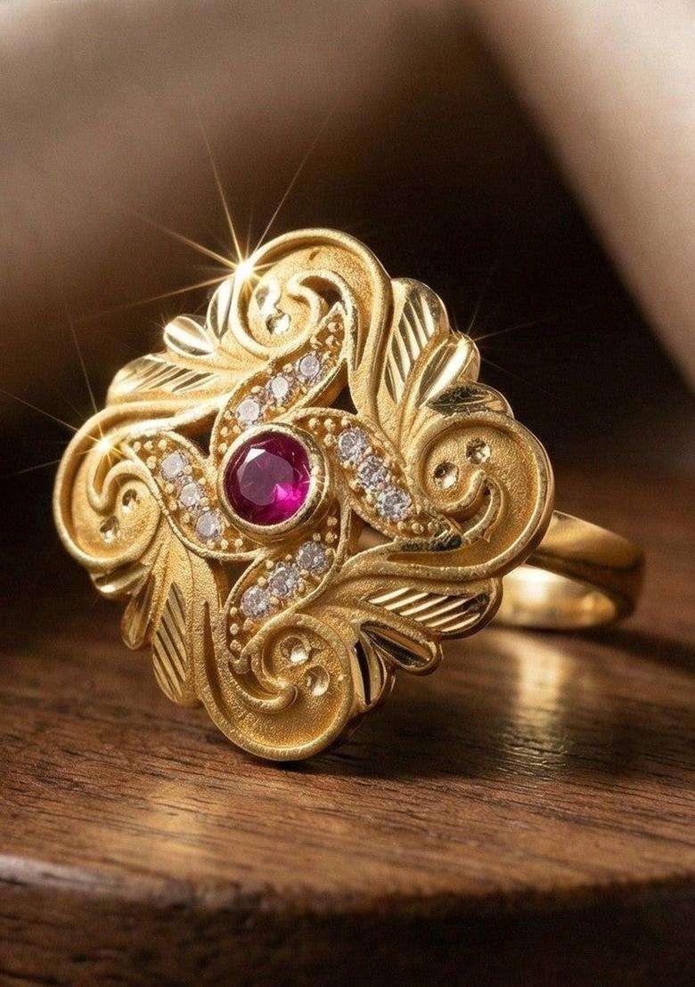Gold-Plated Stones-Studded Finger Ring for Women | Traditional Temple Jewellery for Wedding & Festive Wear | Gift for Her - Indya