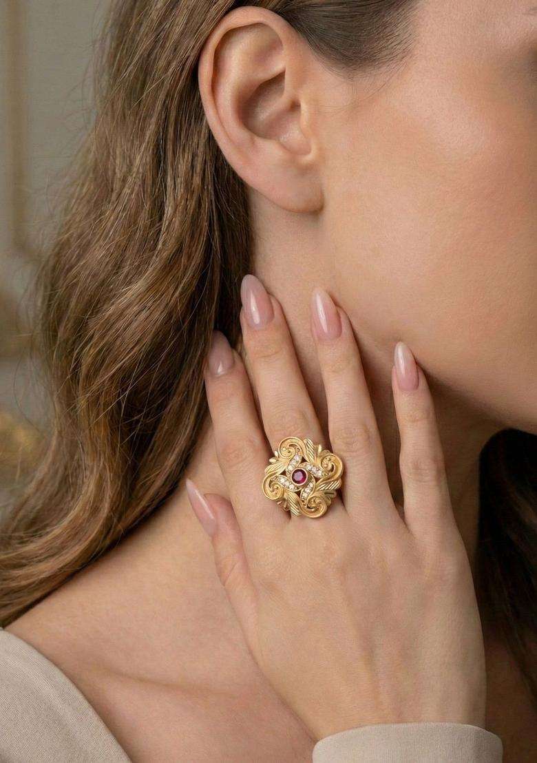 Gold-Plated Stones-Studded Finger Ring for Women | Traditional Temple Jewellery for Wedding & Festive Wear | Gift for Her - Indya