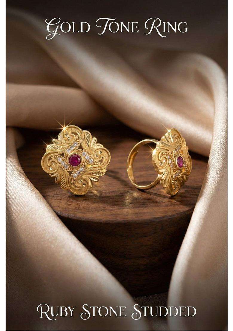 Gold-Plated Stones-Studded Finger Ring for Women | Traditional Temple Jewellery for Wedding & Festive Wear | Gift for Her - Indya
