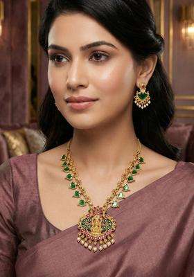 Gold-Plated Stone-Studded & Pearl Beaded Jewellery Set for Women | Traditional Temple Jewellery for Wedding & Festive Wear | Gift for Her