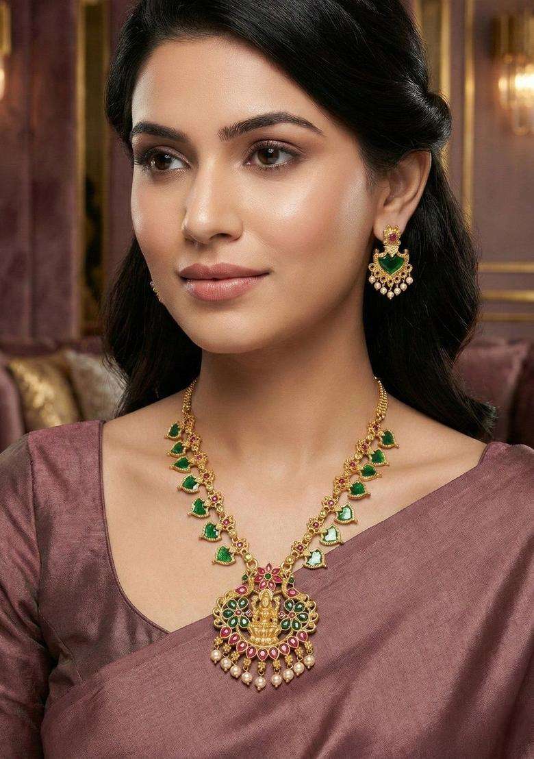 Gold-Plated Stone-Studded & Pearl Beaded Jewellery Set for Women | Traditional Temple Jewellery for Wedding & Festive Wear | Gift for Her - Indya
