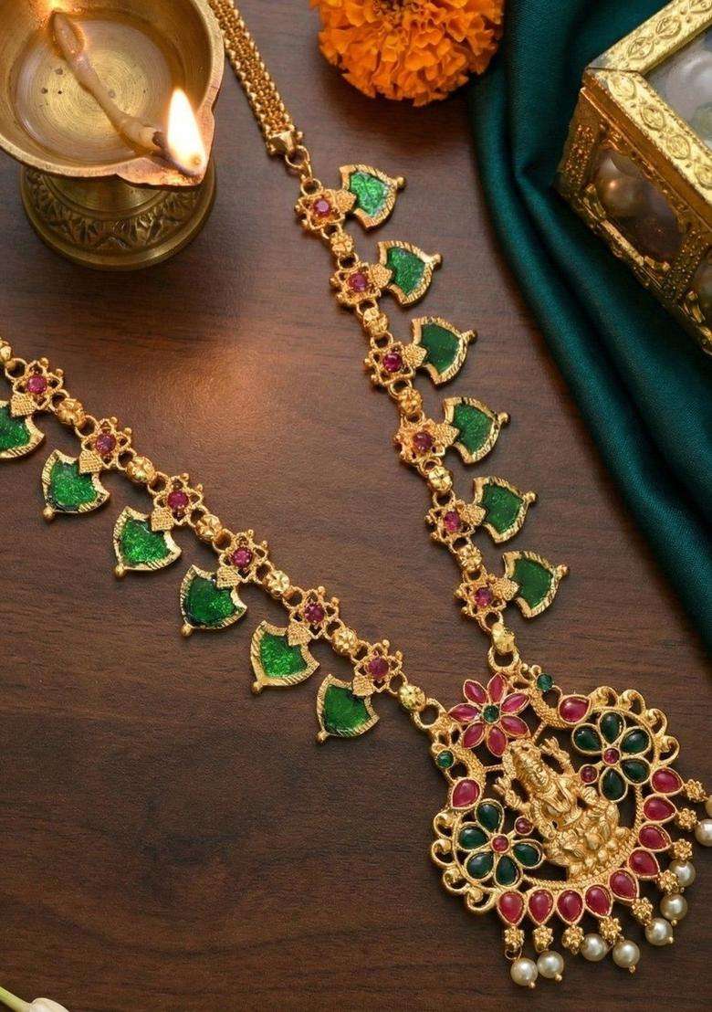 Gold-Plated Stone-Studded & Pearl Beaded Jewellery Set for Women | Traditional Temple Jewellery for Wedding & Festive Wear | Gift for Her - Indya