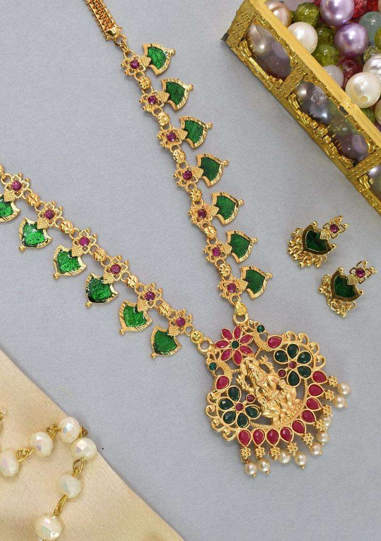 Gold-Plated Stone-Studded & Pearl Beaded Jewellery Set for Women | Traditional Temple Jewellery for Wedding & Festive Wear | Gift for Her - Indya