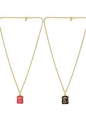 Pack of 2 Gold-Plated Square Shaped Ganesha Ji Pendants with Chains for Men & Women | Traditional Temple Jewellery for Wedding & Festive Wear | Festive Gift