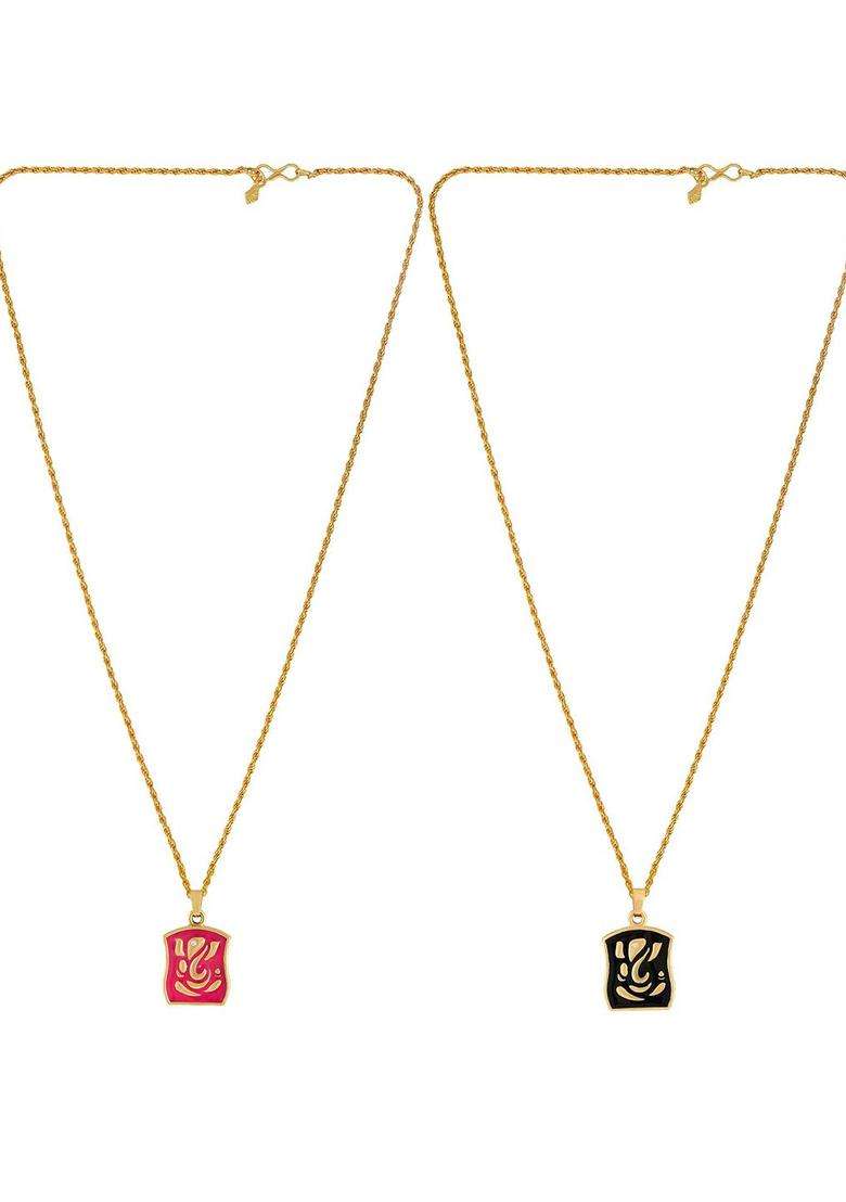 Pack of 2 Gold-Plated Square Shaped Ganesha Ji Pendants with Chains for Men & Women | Traditional Temple Jewellery for Wedding & Festive Wear | Festive Gift - Indya