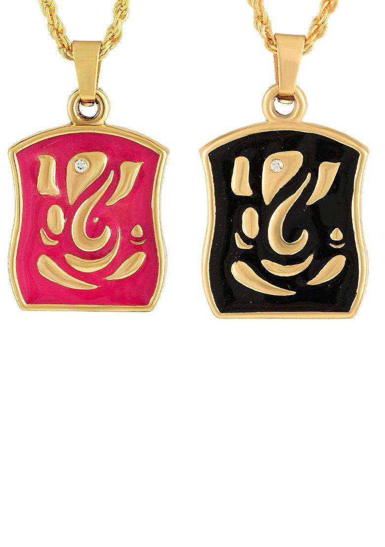 Pack of 2 Gold-Plated Square Shaped Ganesha Ji Pendants with Chains for Men & Women | Traditional Temple Jewellery for Wedding & Festive Wear | Festive Gift - Indya