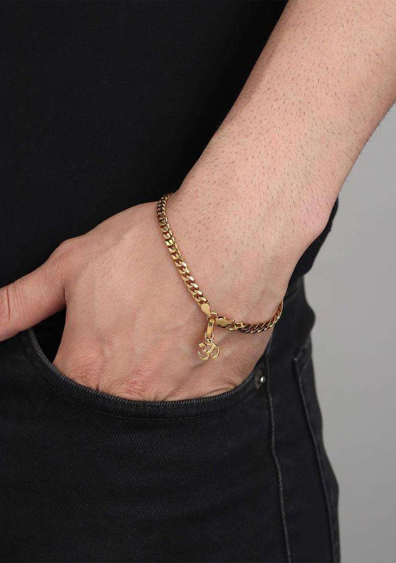 925 Sterling Silver Gold-Plated Om Temple Link Bracelet for Men | Traditional Temple Jewellery for Wedding & Festive Wear | Gift for Him - Indya