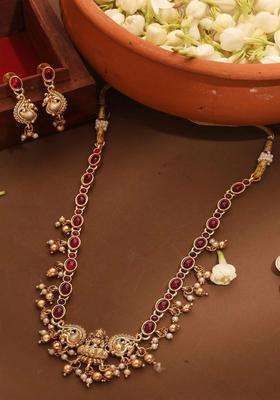 Gold-Plated Temple Stone-Studded Necklace and Earrings for Women | Traditional Temple Jewellery for Wedding & Festive Wear | Gift for Her