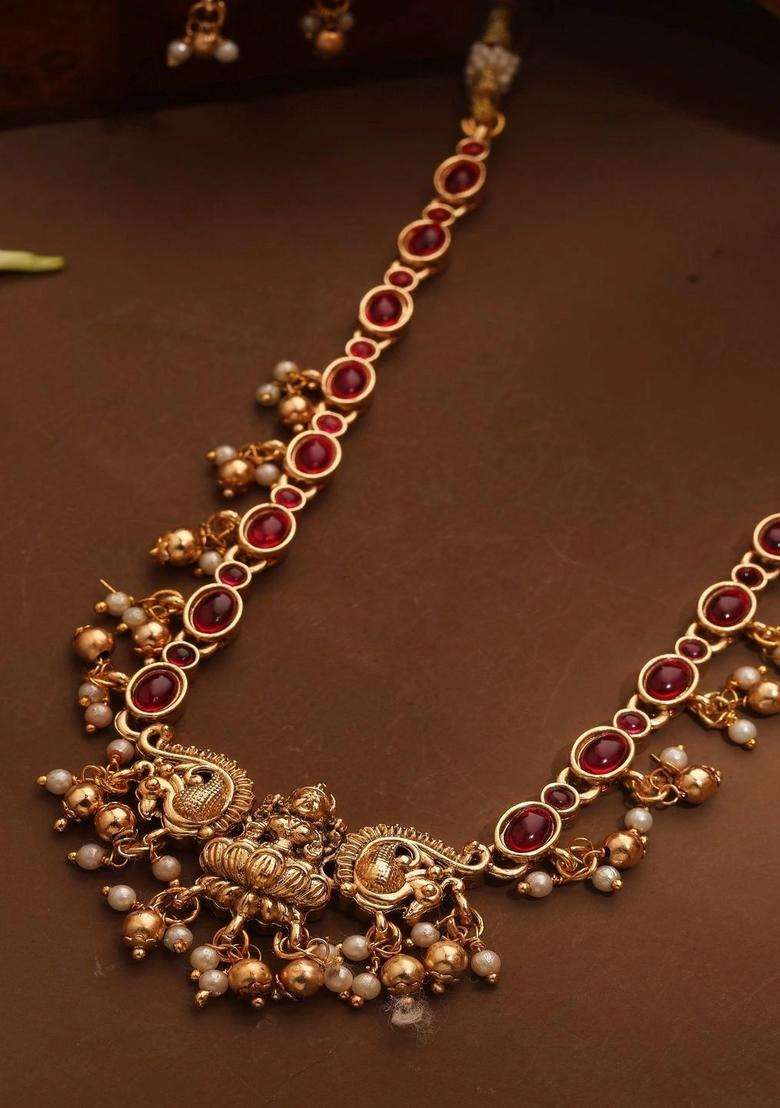 Gold-Plated Temple Stone-Studded Necklace and Earrings for Women | Traditional Temple Jewellery for Wedding & Festive Wear | Gift for Her - Indya
