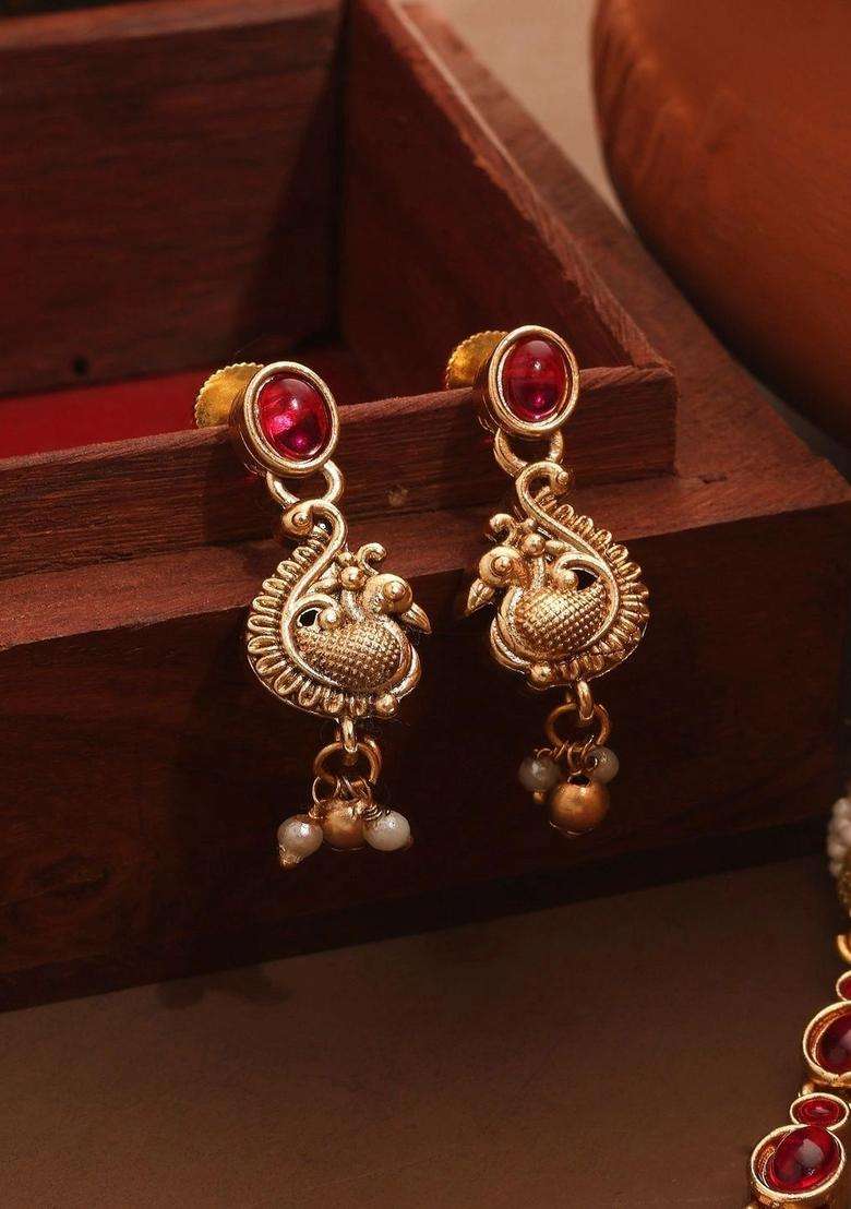 Gold-Plated Temple Stone-Studded Necklace and Earrings for Women | Traditional Temple Jewellery for Wedding & Festive Wear | Gift for Her - Indya