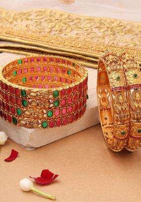 Set of 2 Gold-Plated Temple Pearls Bangles for Women | Traditional Temple Jewellery for Wedding & Festive Wear | Gift for Her