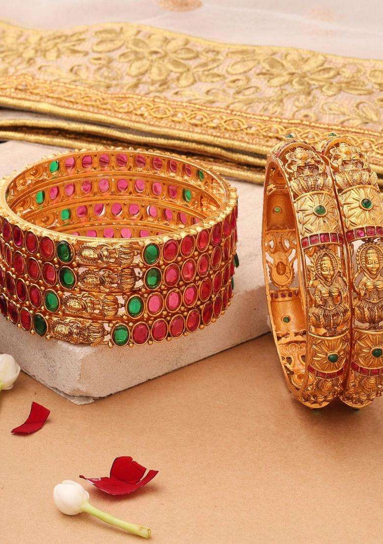Set of 2 Gold-Plated Temple Pearls Bangles for Women | Traditional Temple Jewellery for Wedding & Festive Wear | Gift for Her - Indya