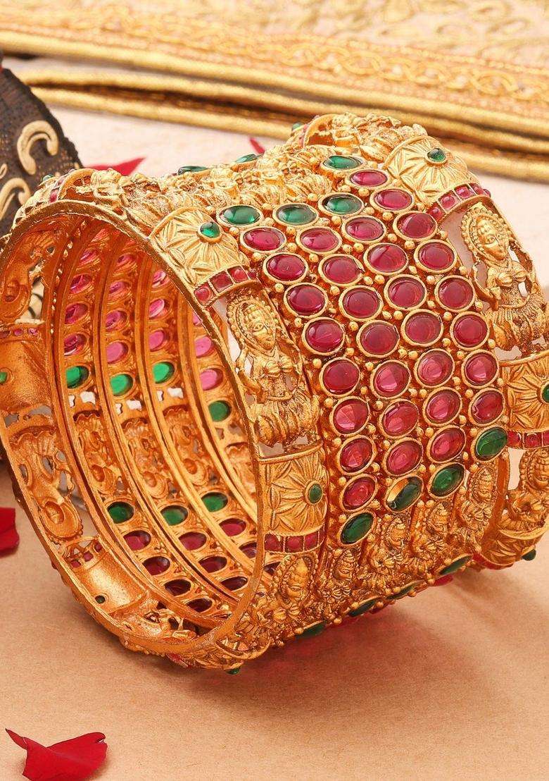 Set of 2 Gold-Plated Temple Pearls Bangles for Women | Traditional Temple Jewellery for Wedding & Festive Wear | Gift for Her - Indya