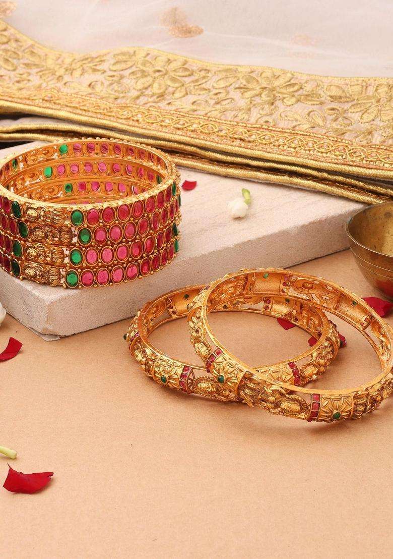 Set of 2 Gold-Plated Temple Pearls Bangles for Women | Traditional Temple Jewellery for Wedding & Festive Wear | Gift for Her - Indya