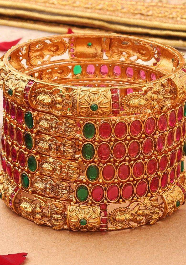 Set of 2 Gold-Plated Temple Pearls Bangles for Women | Traditional Temple Jewellery for Wedding & Festive Wear | Gift for Her - Indya