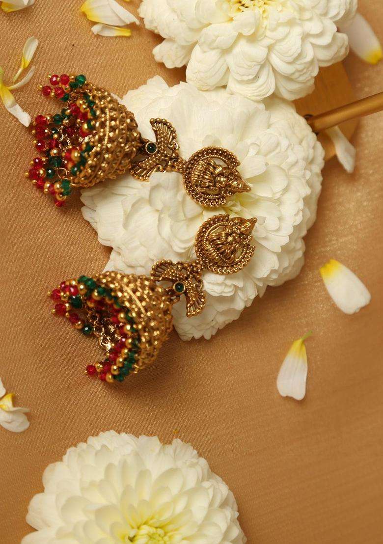 Gold-Plated Circular Jhumkas Earrings with Pearl for Women | Traditional Temple Jewellery for Wedding & Festive Wear | Gift for Her - Indya