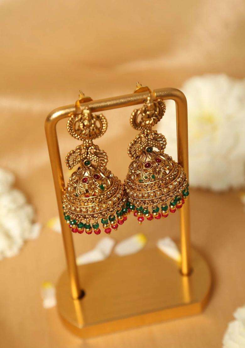 Gold-Plated Circular Jhumkas Earrings with Pearl for Women | Traditional Temple Jewellery for Wedding & Festive Wear | Gift for Her - Indya