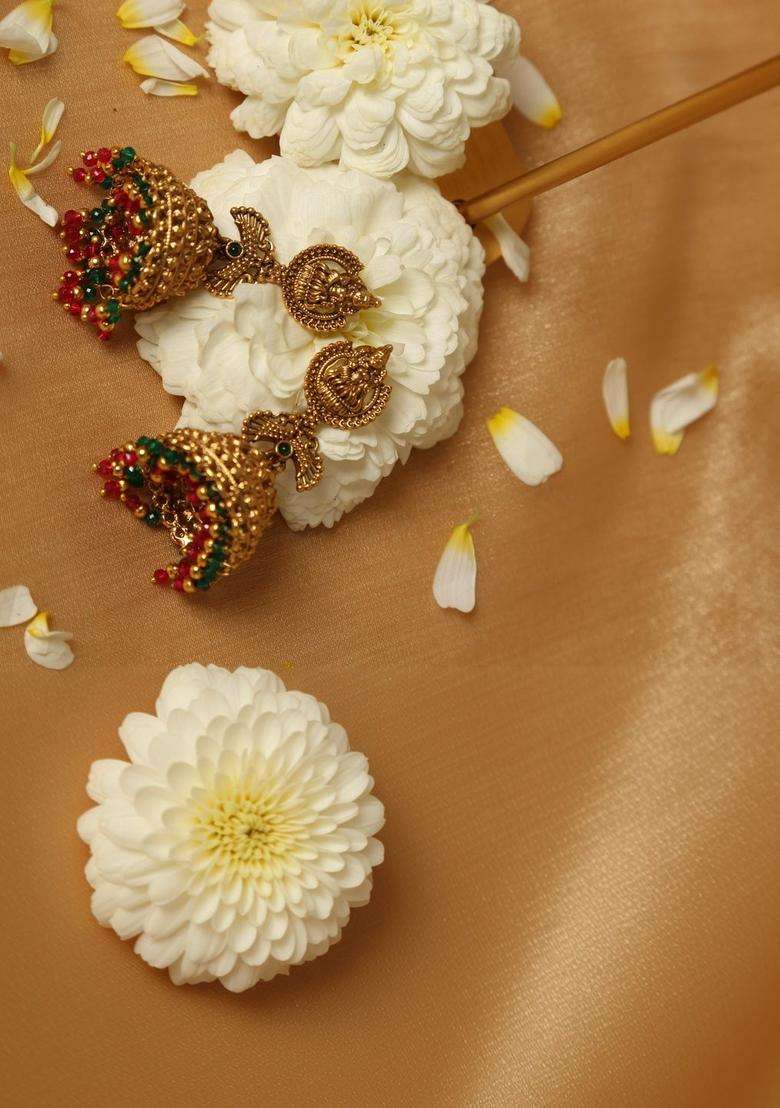 Gold-Plated Circular Jhumkas Earrings with Pearl for Women | Traditional Temple Jewellery for Wedding & Festive Wear | Gift for Her - Indya