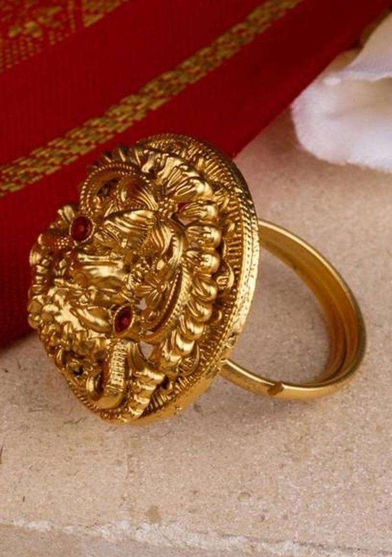 Gold-Plated Temple Finger Ring for Women | Traditional Temple Jewellery for Wedding & Festive Wear | Gift for Her - Indya