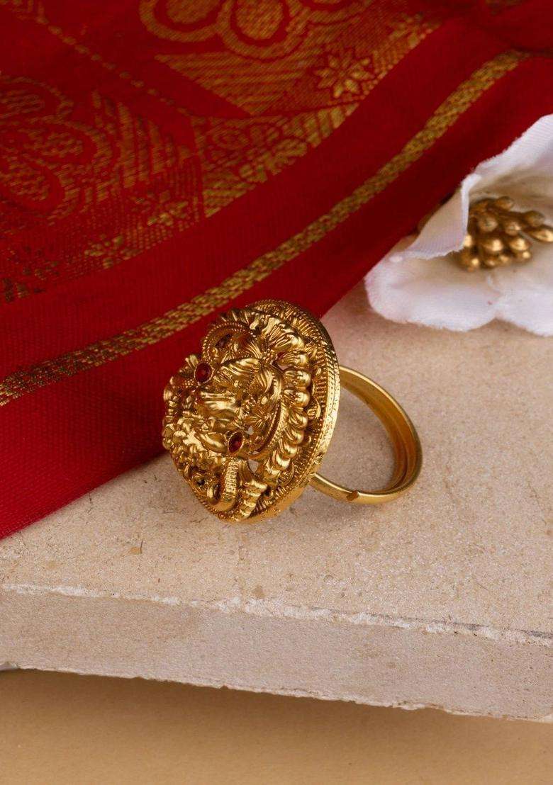 Gold-Plated Temple Finger Ring for Women | Traditional Temple Jewellery for Wedding & Festive Wear | Gift for Her - Indya