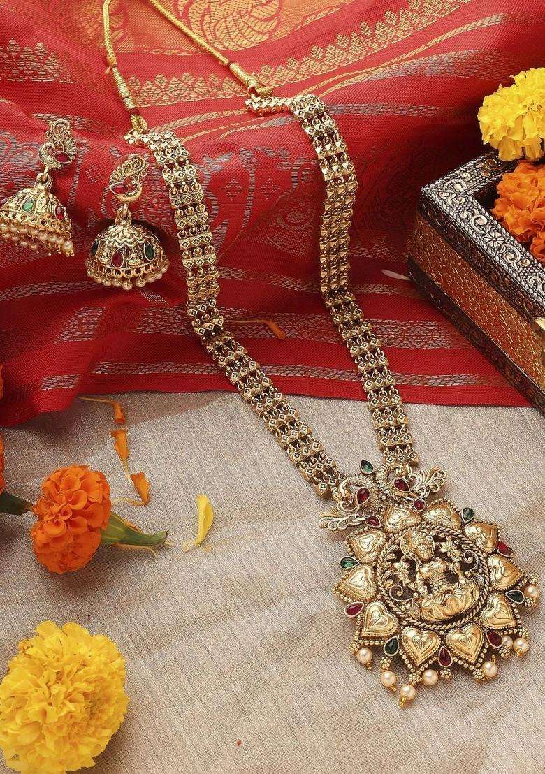 Gold-Plated Temple Necklace and Earrings with Pearl for Women | Traditional Temple Jewellery for Wedding & Festive Wear | Gift for Her - Indya