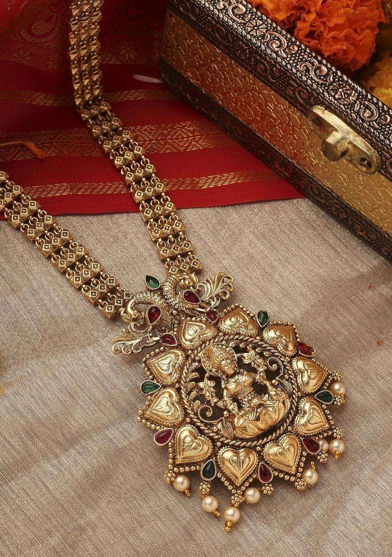 Gold-Plated Temple Necklace and Earrings with Pearl for Women | Traditional Temple Jewellery for Wedding & Festive Wear | Gift for Her - Indya