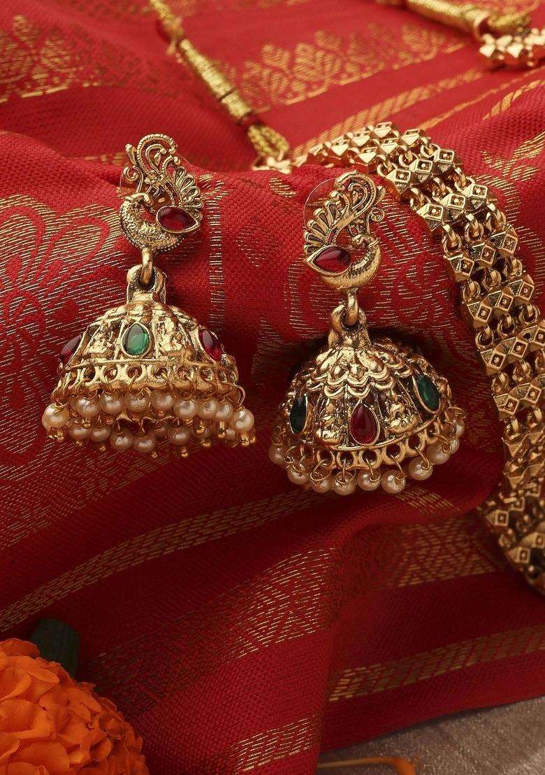 Gold-Plated Temple Necklace and Earrings with Pearl for Women | Traditional Temple Jewellery for Wedding & Festive Wear | Gift for Her - Indya