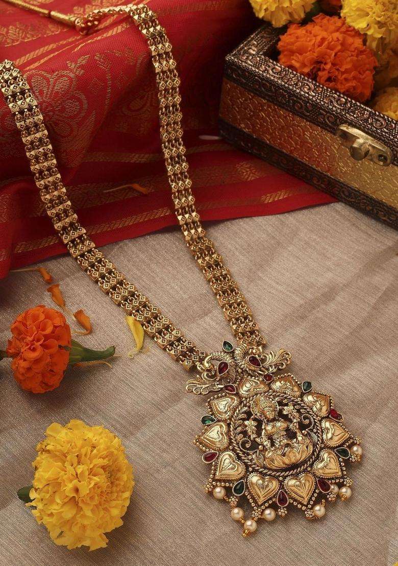 Gold-Plated Temple Necklace and Earrings with Pearl for Women | Traditional Temple Jewellery for Wedding & Festive Wear | Gift for Her - Indya