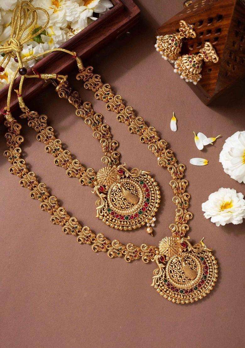 Gold-Plated Temple Pearl Necklace and Earrings for Women | Traditional Temple Jewellery for Wedding & Festive Wear | Gift for Her - Indya