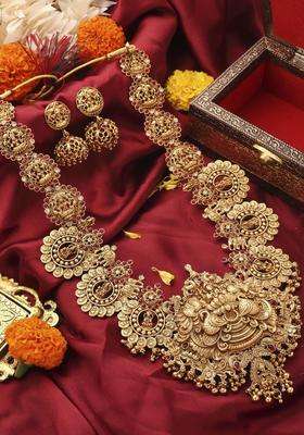 Gold-Plated Temple Necklace and Earrings with Pearl for Women | Traditional Temple Jewellery for Wedding & Festive Wear | Gift for Her