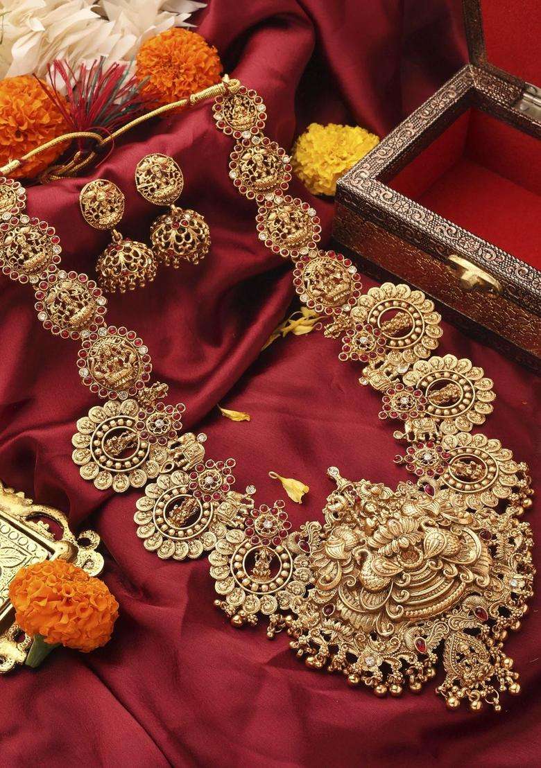 Gold-Plated Temple Necklace and Earrings with Pearl for Women | Traditional Temple Jewellery for Wedding & Festive Wear | Gift for Her - Indya