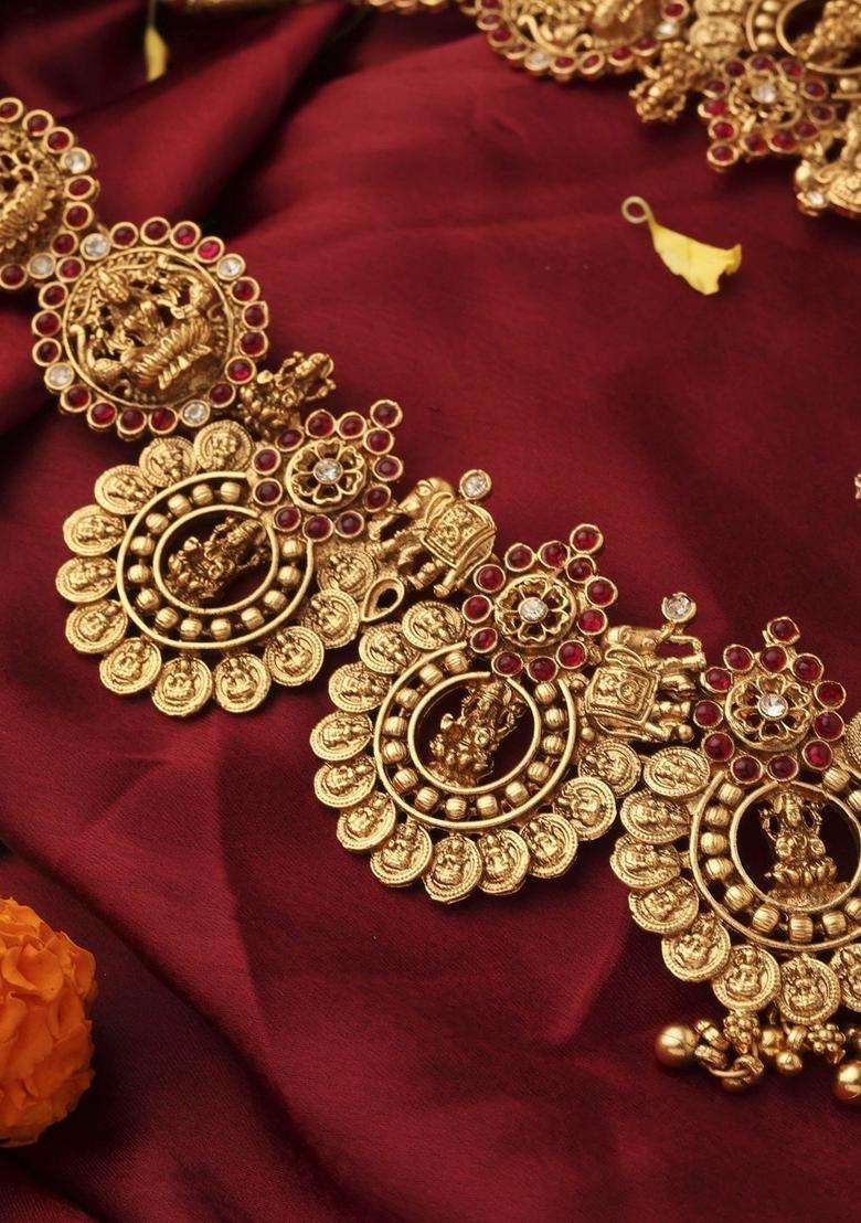 Gold-Plated Temple Necklace and Earrings with Pearl for Women | Traditional Temple Jewellery for Wedding & Festive Wear | Gift for Her - Indya