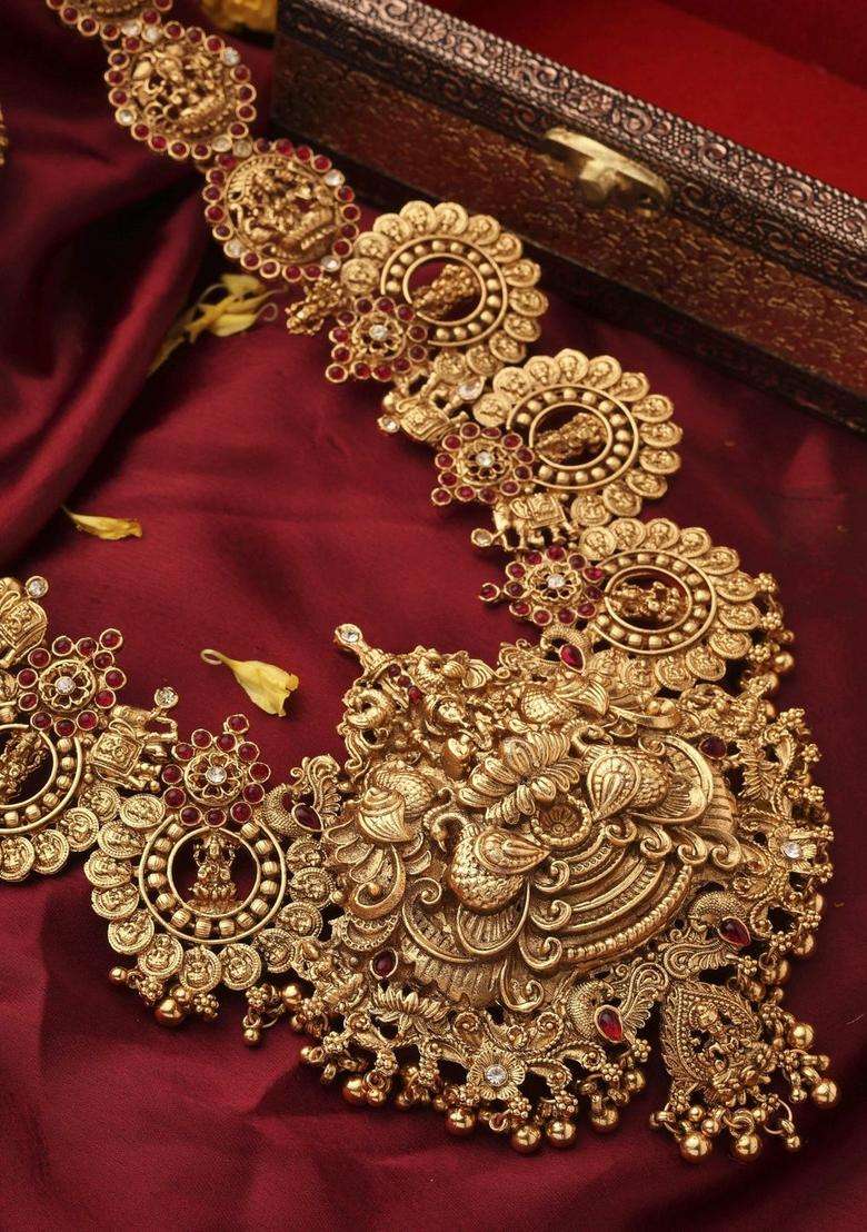Gold-Plated Temple Necklace and Earrings with Pearl for Women | Traditional Temple Jewellery for Wedding & Festive Wear | Gift for Her - Indya