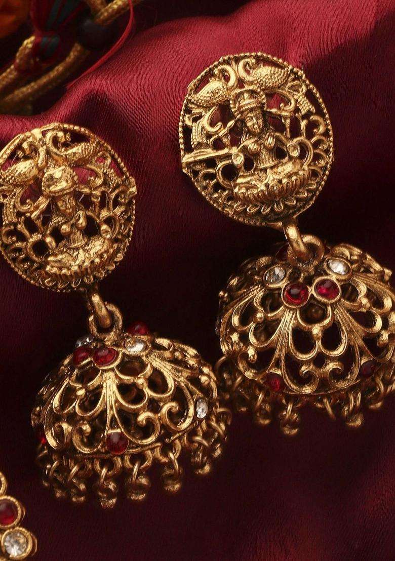 Gold-Plated Temple Necklace and Earrings with Pearl for Women | Traditional Temple Jewellery for Wedding & Festive Wear | Gift for Her - Indya