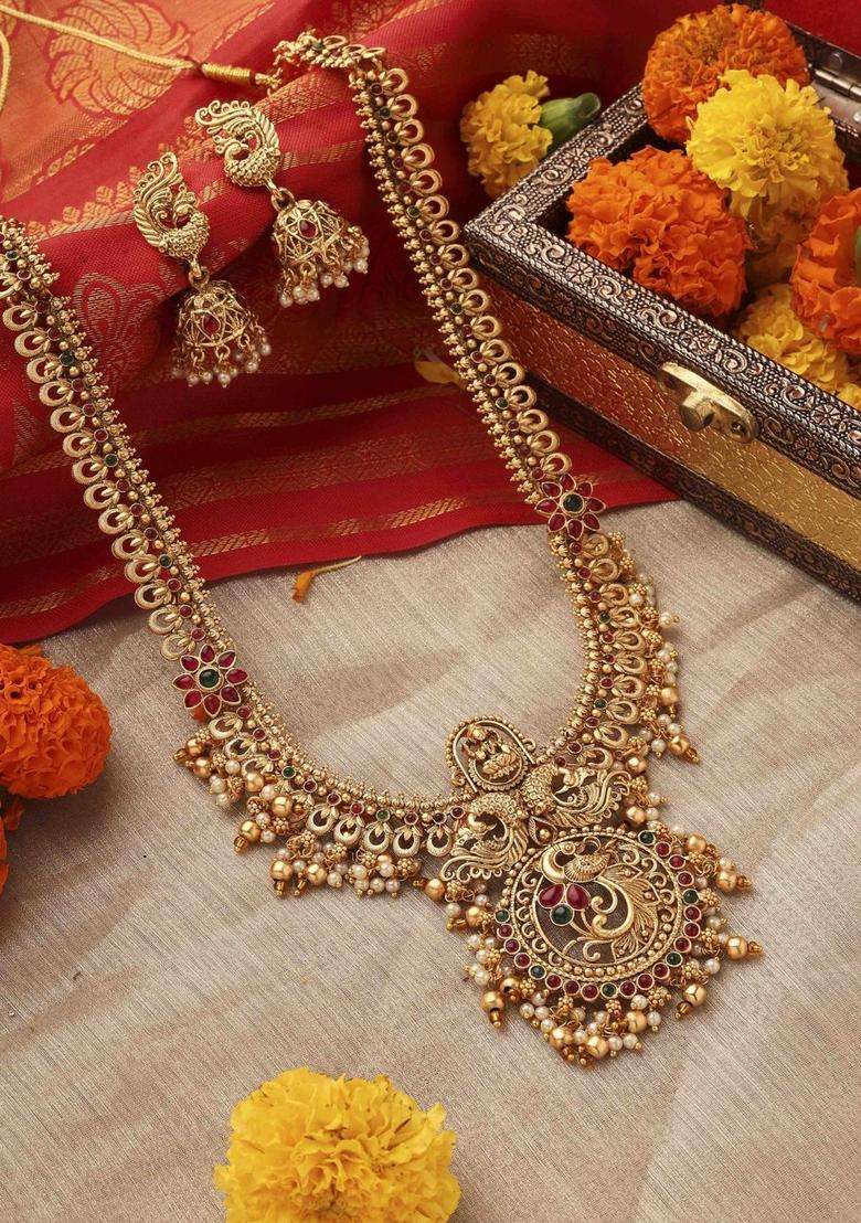 Gold-Plated Temple Pearl Necklace and Earrings for Women | Traditional Temple Jewellery for Wedding & Festive Wear | Gift for Her - Indya