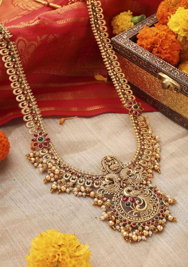 Gold-Plated Temple Pearl Necklace and Earrings for Women | Traditional Temple Jewellery for Wedding & Festive Wear | Gift for Her - Indya