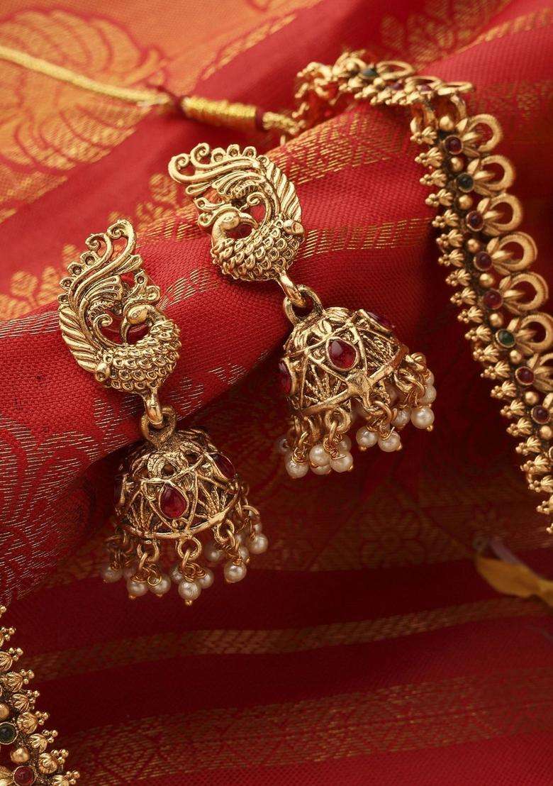 Gold-Plated Temple Pearl Necklace and Earrings for Women | Traditional Temple Jewellery for Wedding & Festive Wear | Gift for Her - Indya