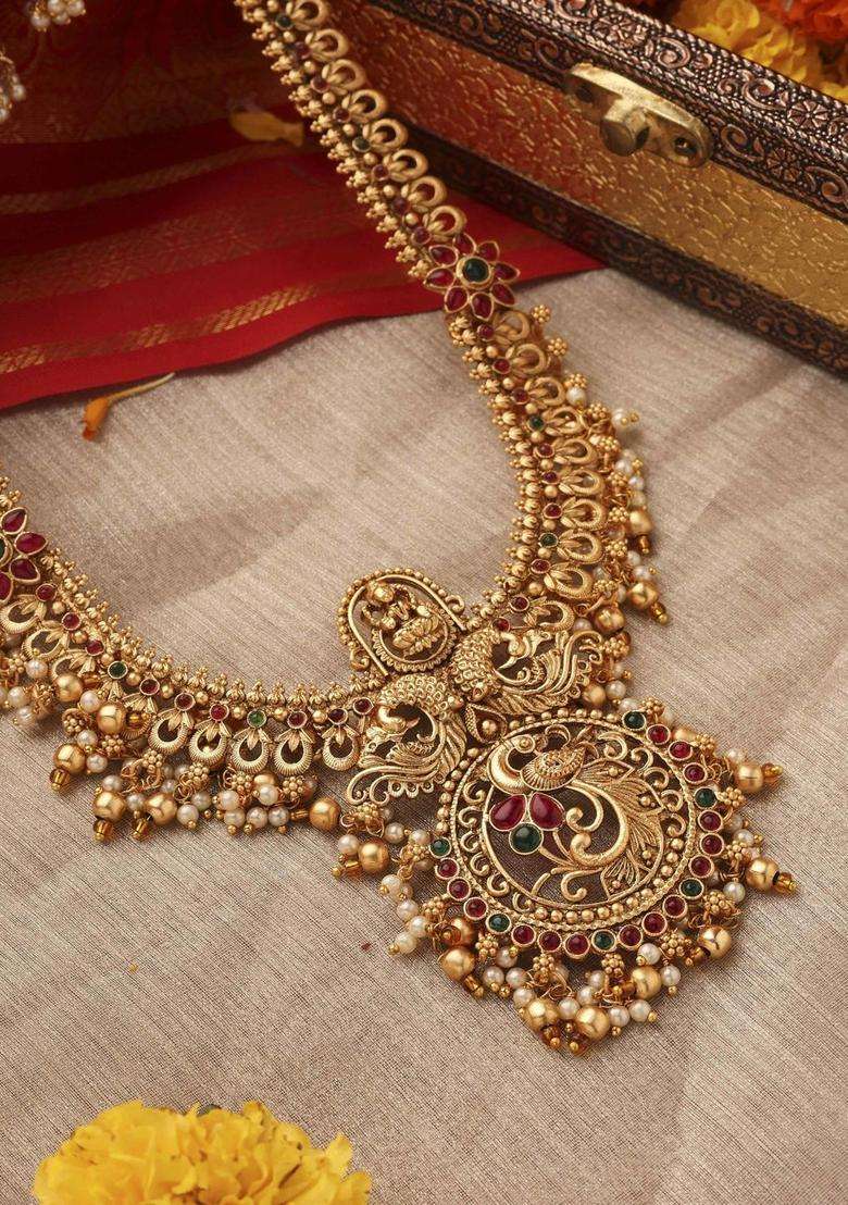 Gold-Plated Temple Pearl Necklace and Earrings for Women | Traditional Temple Jewellery for Wedding & Festive Wear | Gift for Her - Indya