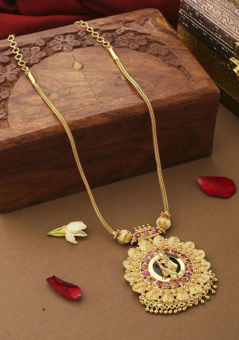 Gold-Plated Temple Necklace with Pearl for Women | Traditional Temple Jewellery for Wedding & Festive Wear | Gift for Her - Indya