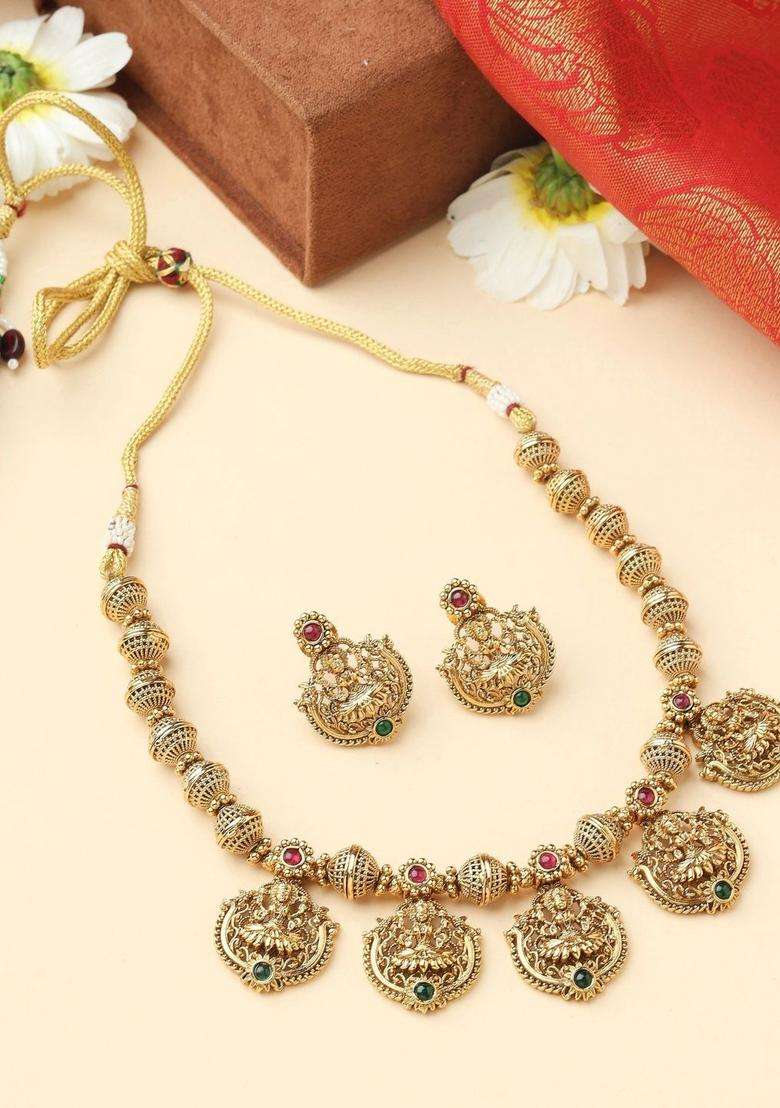 Gold-Plated Temple Pearl Necklace and Earrings for Women | Traditional Temple Jewellery for Wedding & Festive Wear | Gift for Her - Indya